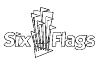 Six Flags logo, six flags on a triangle with a rectangle behind